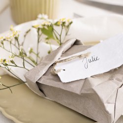 12 Elegante &amp; r� kort med jutesnor - 5,5 x 10 cm