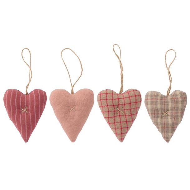 S�t med 4 stofhjerter � nostalgisk jul � 8 x 9,5 cm