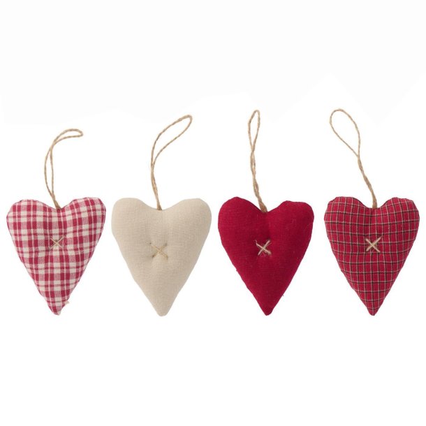 S�t med 4 stofhjerter � klassisk jul � 8 x 9,5 cm