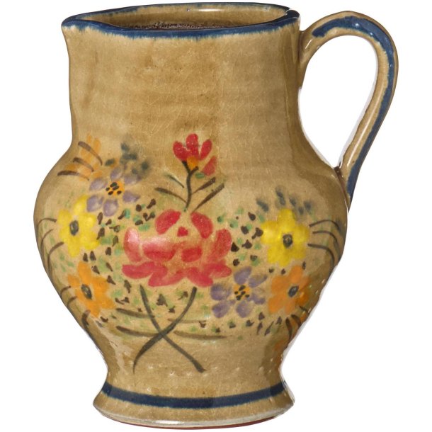 Keramisk kande med h�ndmalede blomster og klassisk hank