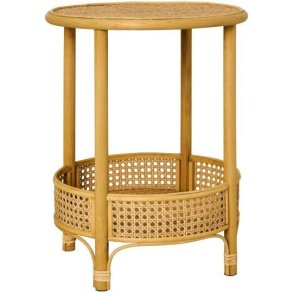 Rundt sidebord i rattan med flettet bordplade og nederste hylde