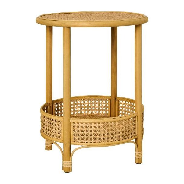 Rundt sidebord i rattan med flettet bordplade og nederste hylde