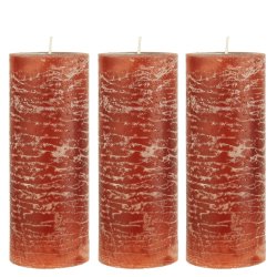 3 rustikke, rustr�de bloklys � 7 x H 18 cm