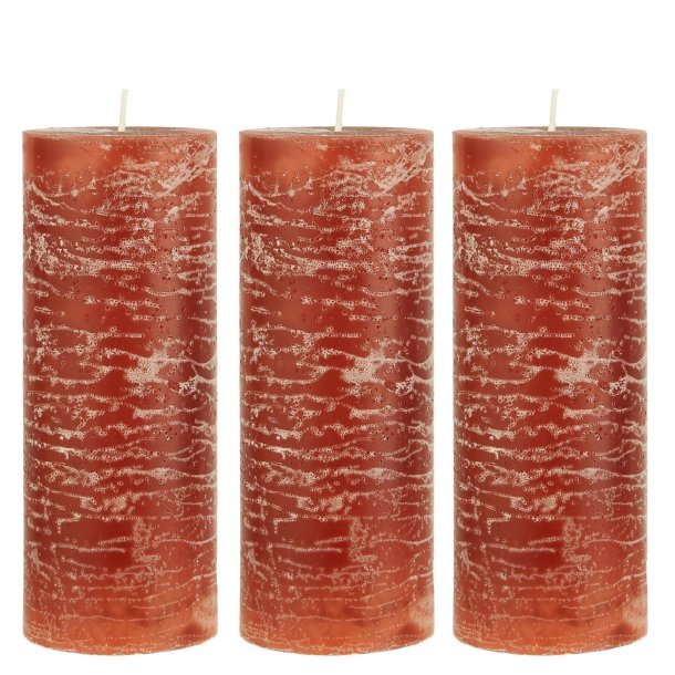 3 rustikke, rustr�de bloklys � 7 x H 18 cm