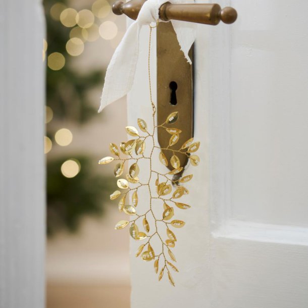 Guldfarvet bladoph�ng med hvide glasperler Fairytale Christmas 16 cm