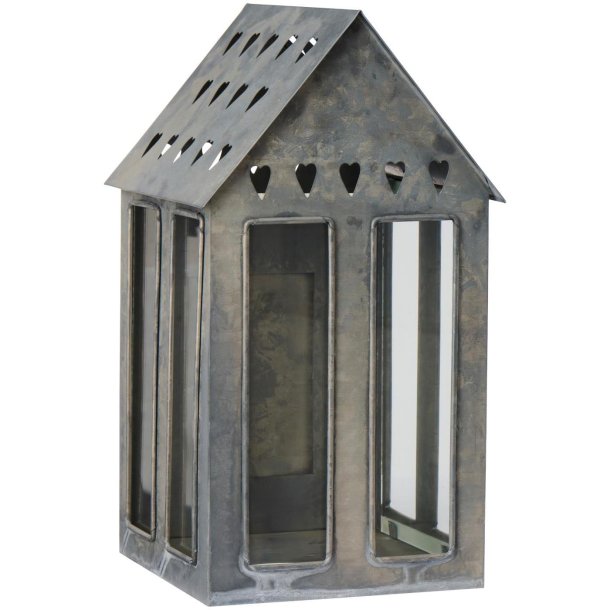 Huslanterne i metal med glas og hjerter - H:40,5 cm