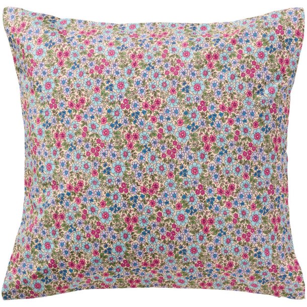 Pudebetr�k - Creme med turkis, bl�, fuchsia og lilla blomster - 60 x 60 cm