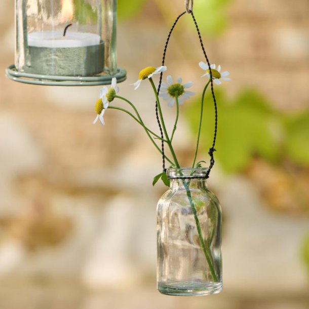 Lille flaskevase i glas med wire og margueritter h�ngt p� en gren