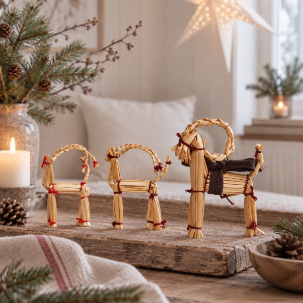 Tre julebukke i halm arrangeret p� r�t tr�bord med gran, kogler og julelys