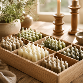 Bedelys i gr�nne, cremefarvede og varme naturtoner arrangeret i en tr�bakke