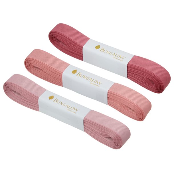 3 dukker med Grossgrainbnd i rosa-rde nuancer - 3 x 10 meter