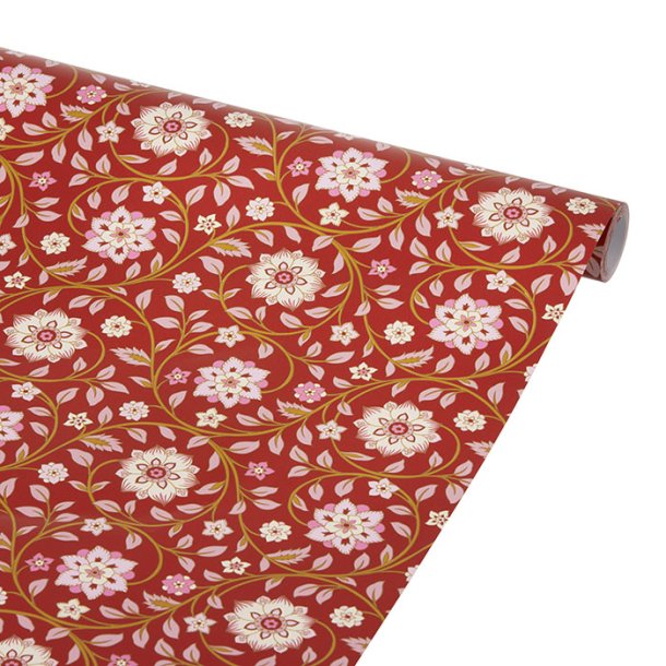 Gavepapir Roja Scarlet fra Bungalow med blomster- og bladm�nster i r�de og rosa toner
